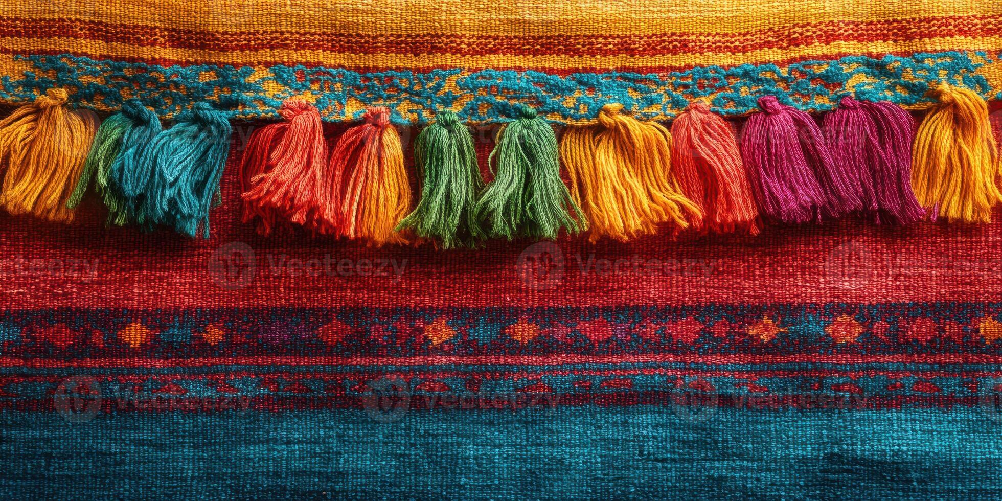 Colorful woven textile with intricate patterns and vibrant tassels showcasing traditional craftsmanship photo