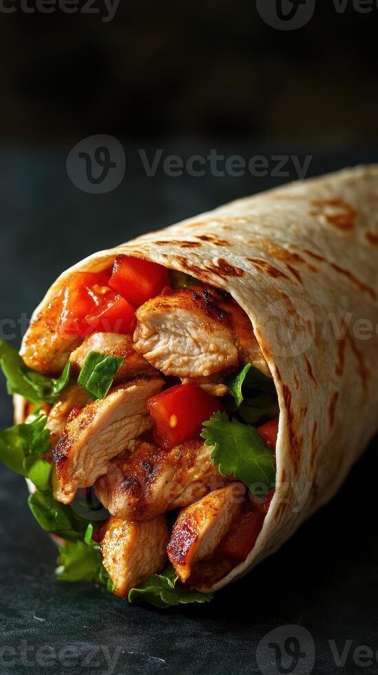 Delicious chicken wrap filled with fresh vegetables and herbs presented on a dark background photo