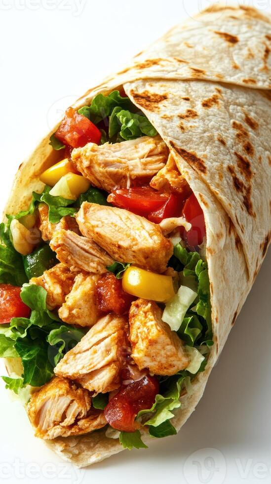 Freshly made chicken wrap with vibrant vegetables and herbs for a delicious meal option photo