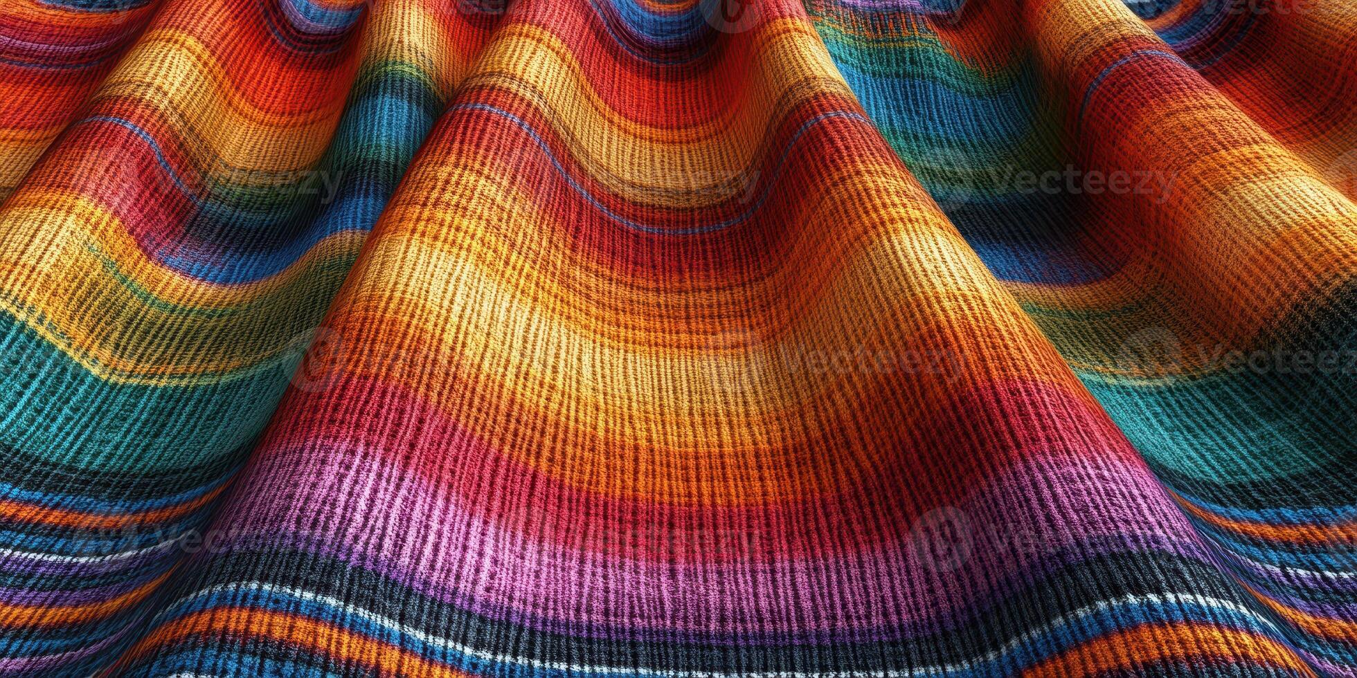 Vibrant woven textile featuring colorful patterns with rich hues in a sunny artisan market setting photo