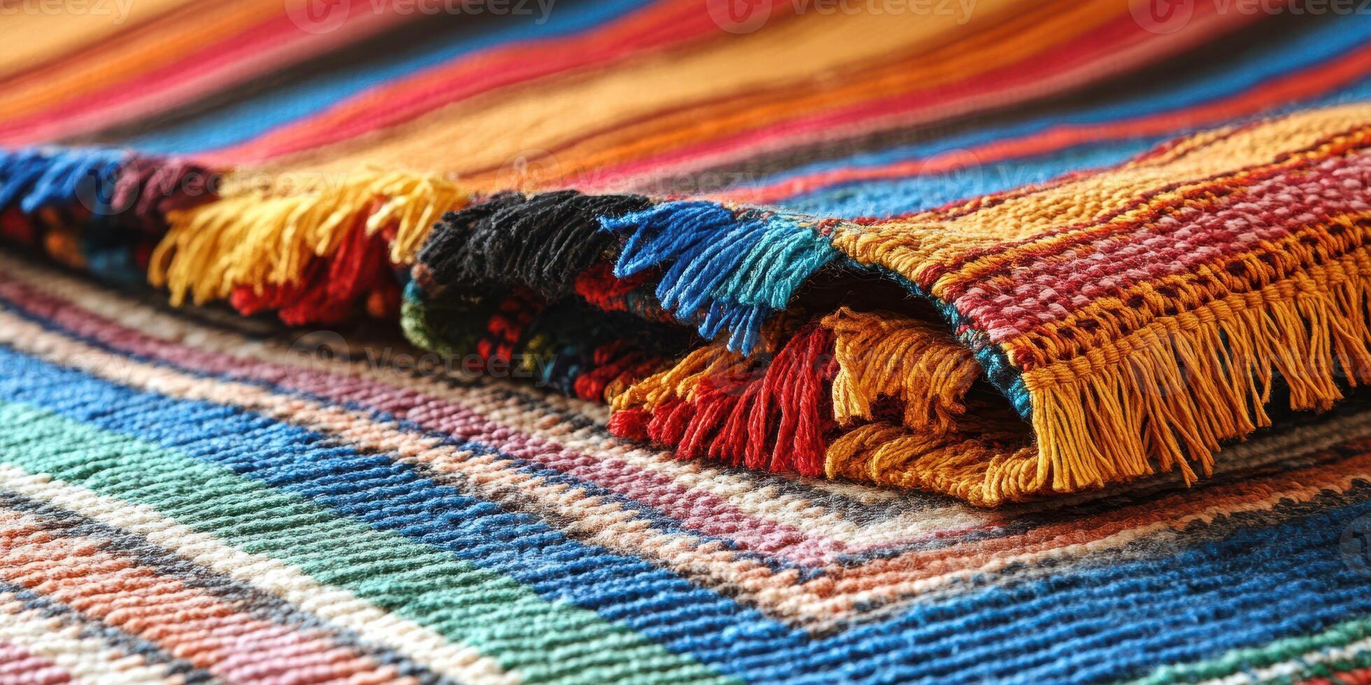 Vibrant woven textile displaying intricate patterns of colors and textures in a close-up view photo