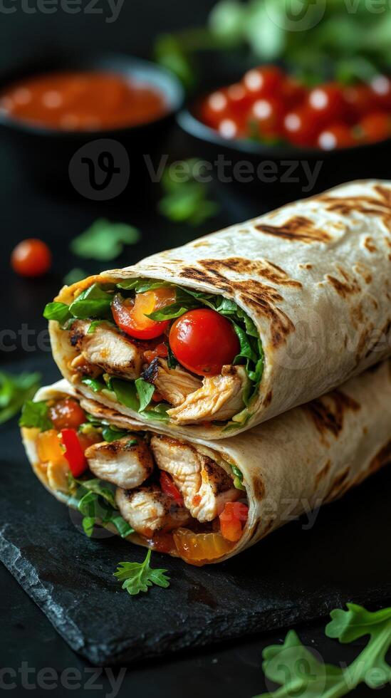 Delicious chicken wrap filled with fresh vegetables on a dark background with salsa photo
