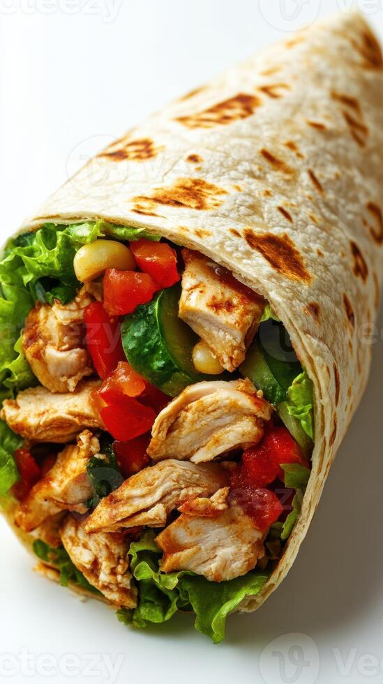 Perfectly wrapped chicken wrap filled with fresh vegetables and herbs for a delicious meal option photo