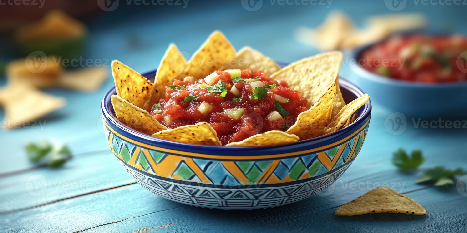 Colorful tortilla chips with fresh salsa served in a decorative bowl on a vibrant blue surface photo