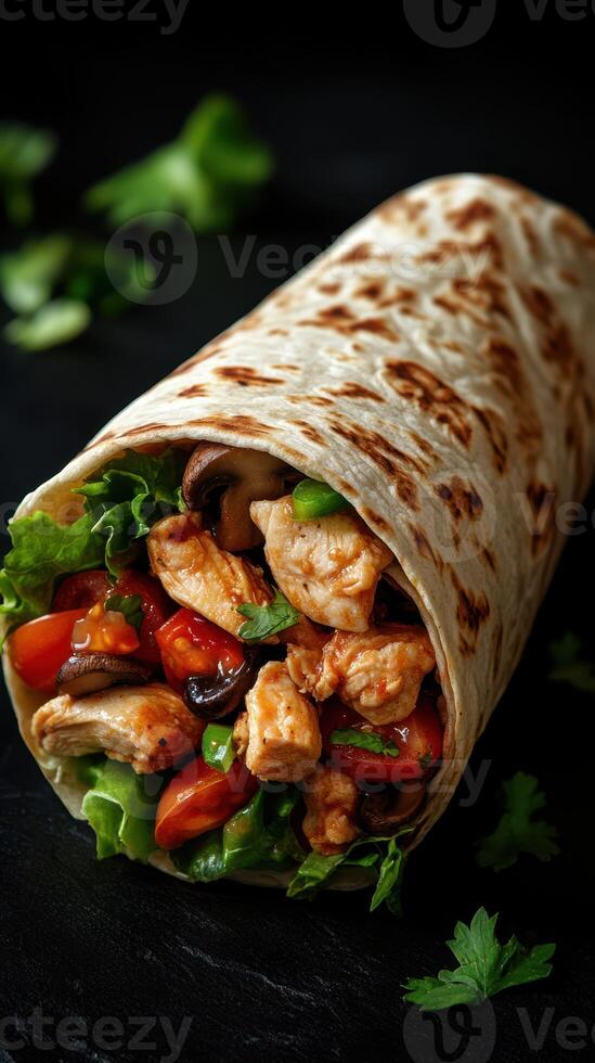 Delicious chicken wrap with fresh vegetables on a dark background highlighting the colorful ingredients photo