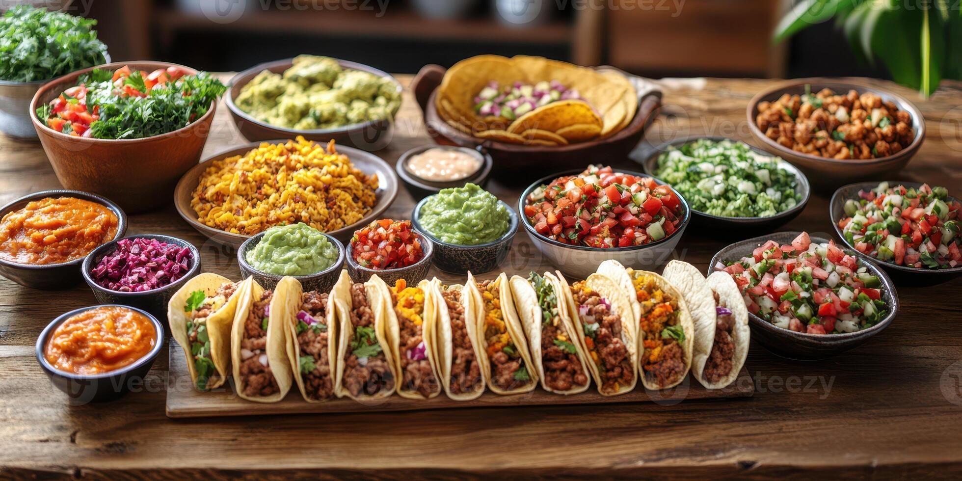 Delicious spread of tacos with various sides served on a wooden table in a cozy setting photo