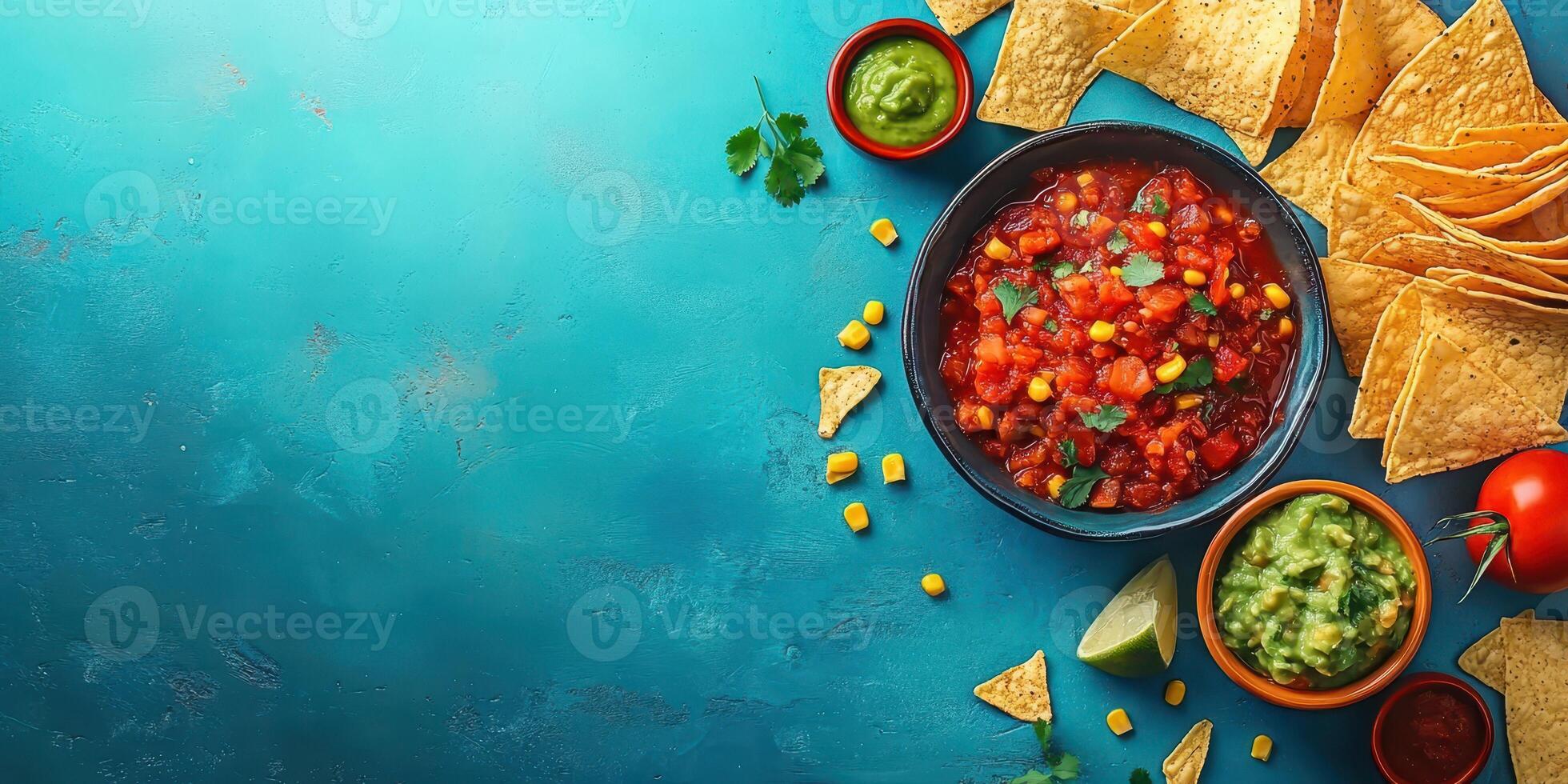 Delicious salsa and guacamole served with tortilla chips on a bright blue background photo