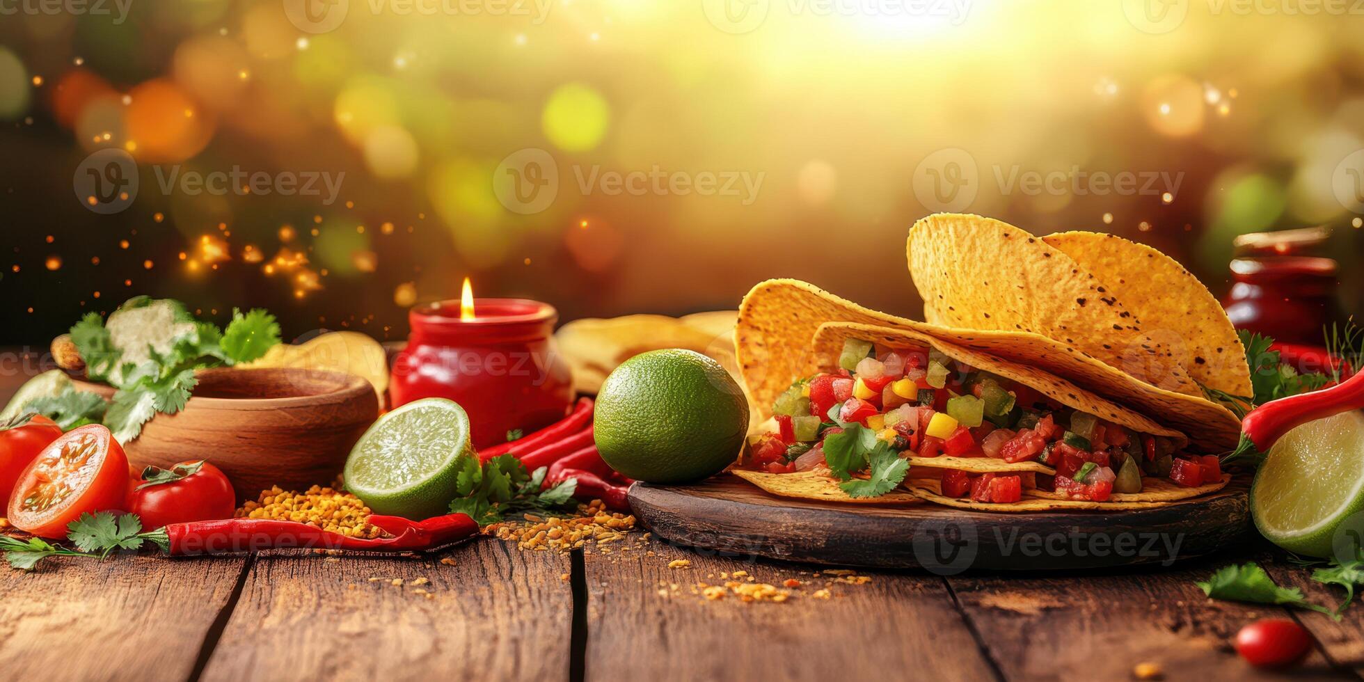 Tacos filled with fresh vegetables and herbs displayed on a rustic wooden table in a warm, inviting setting during sunset photo