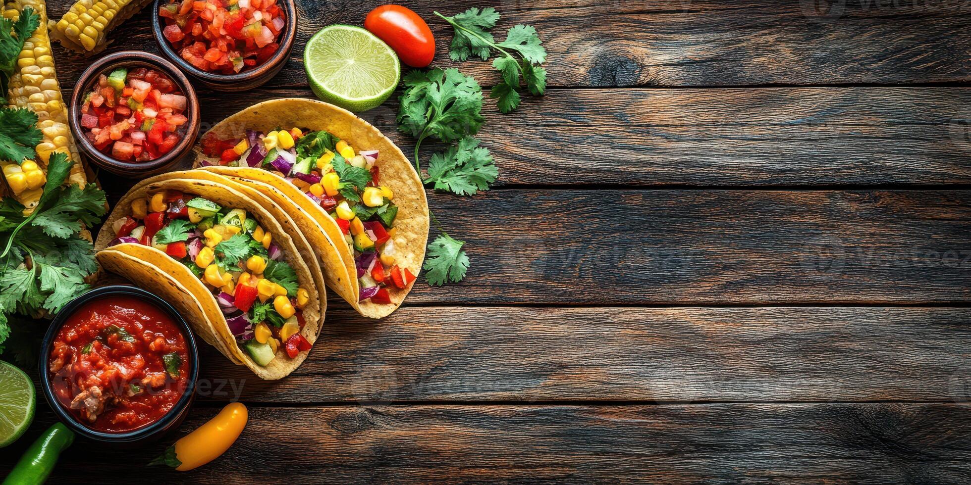Colorful tacos with fresh toppings on rustic wooden table during a summer gathering photo