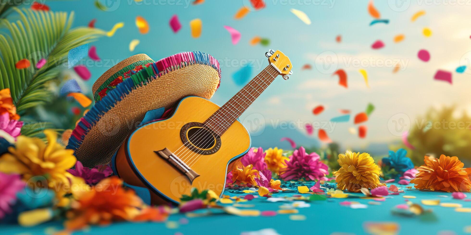 Colorful fiesta setting with guitar, sombrero, and vibrant flowers against a sunny backdrop photo