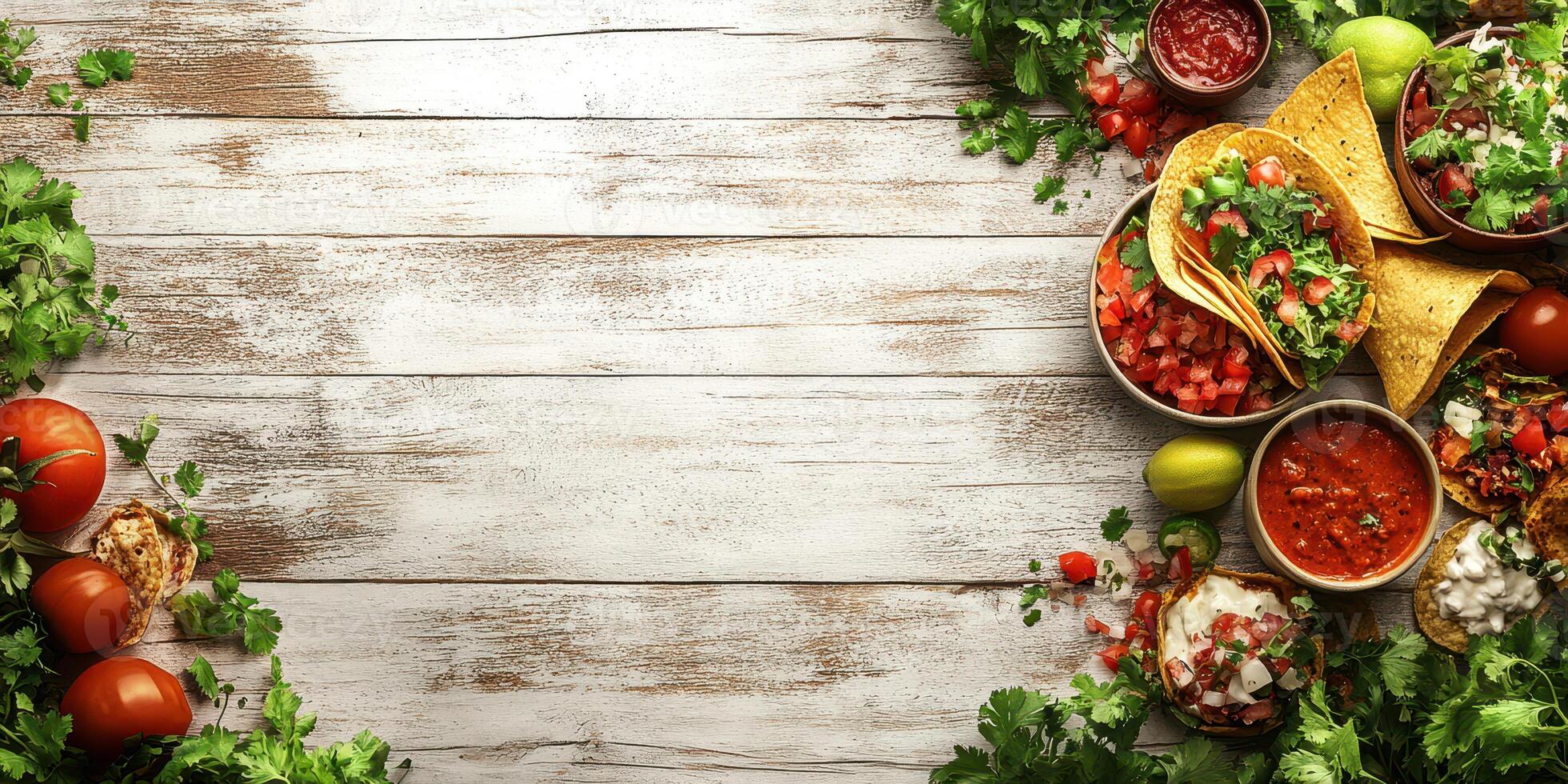 Vibrant spread of fresh Mexican dishes with colorful toppings on a rustic wooden table photo
