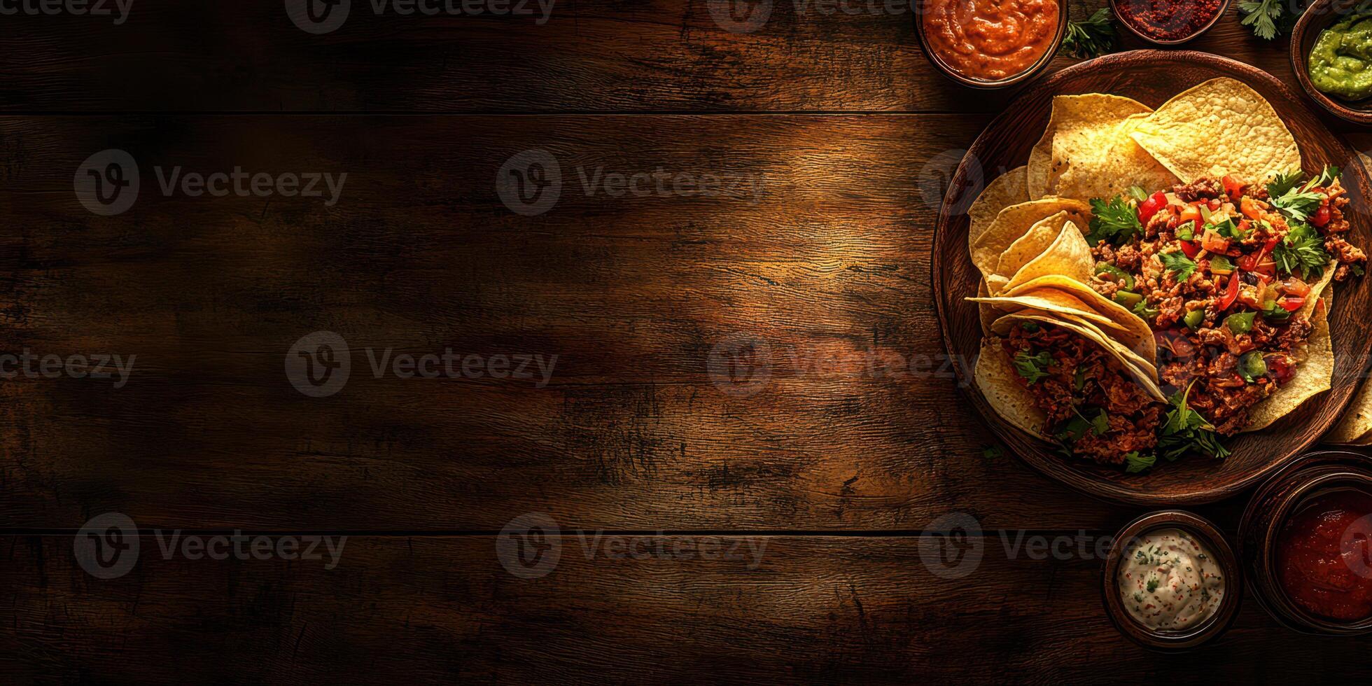 Delicious tacos served on a wooden table with various dips during a casual dinner gathering photo