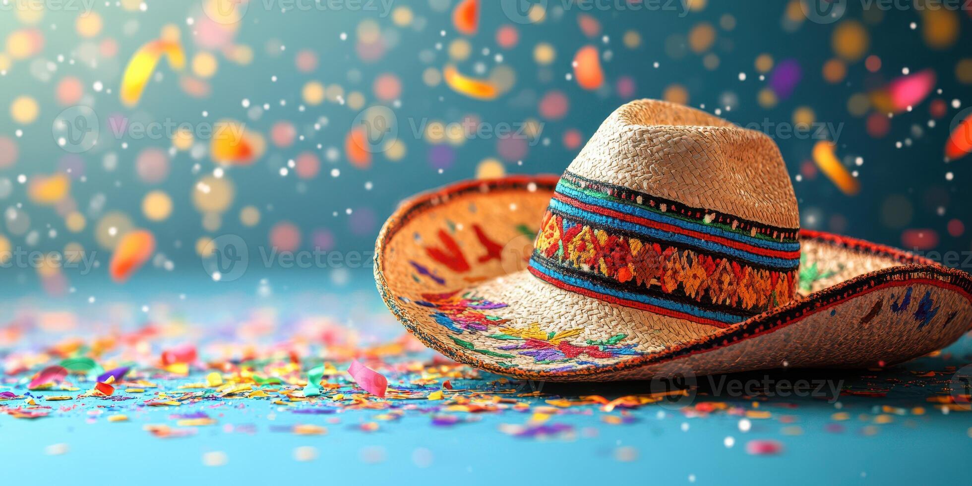 Colorful sombrero surrounded by vibrant confetti on a festive blue background at a celebration photo