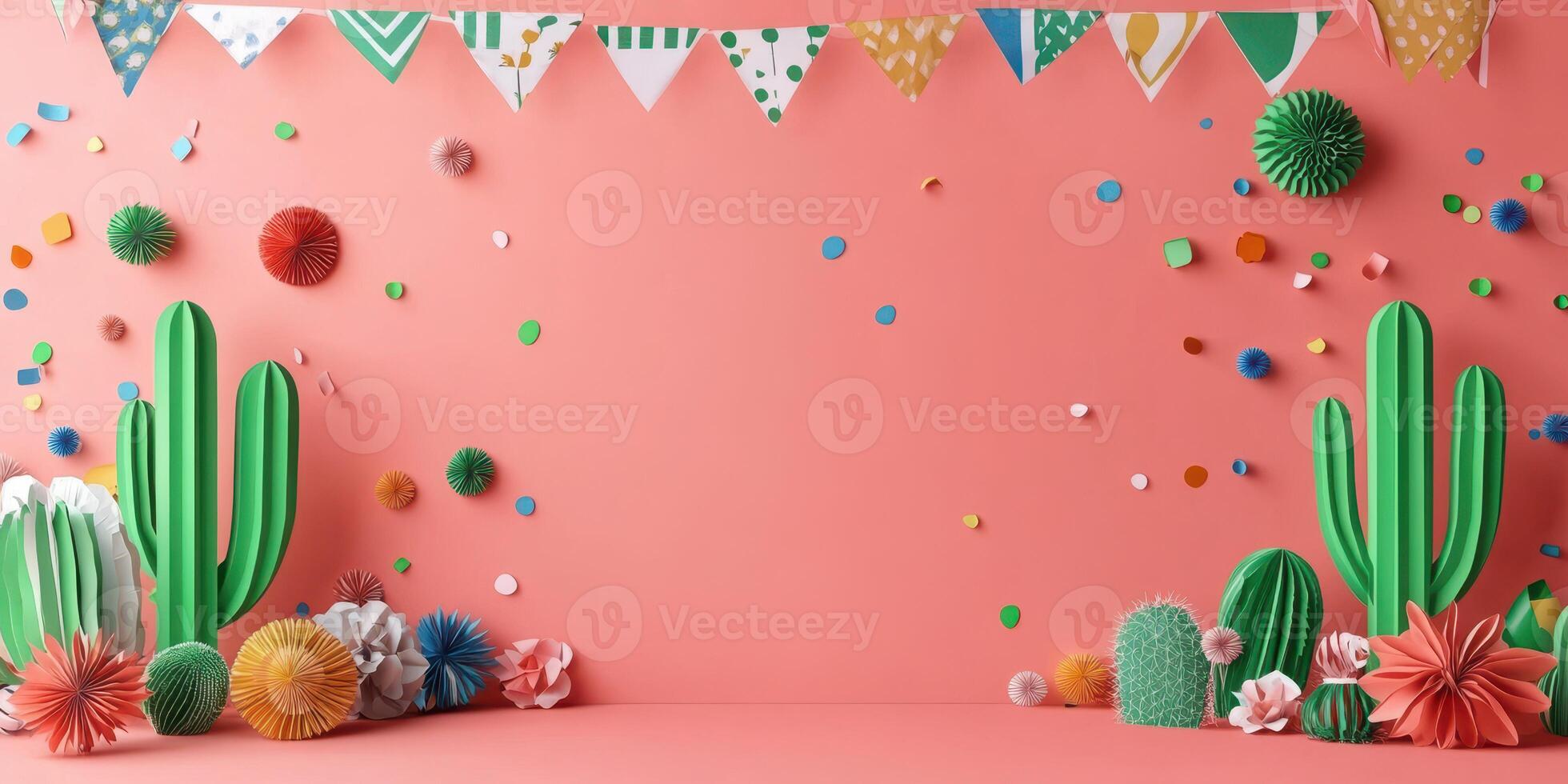 Colorful festive decoration with cacti and paper flowers for a vibrant celebration setup photo