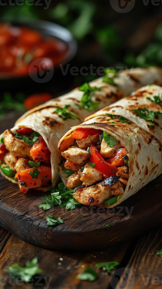 Savory grilled chicken wraps with fresh vegetables served on a wooden board photo