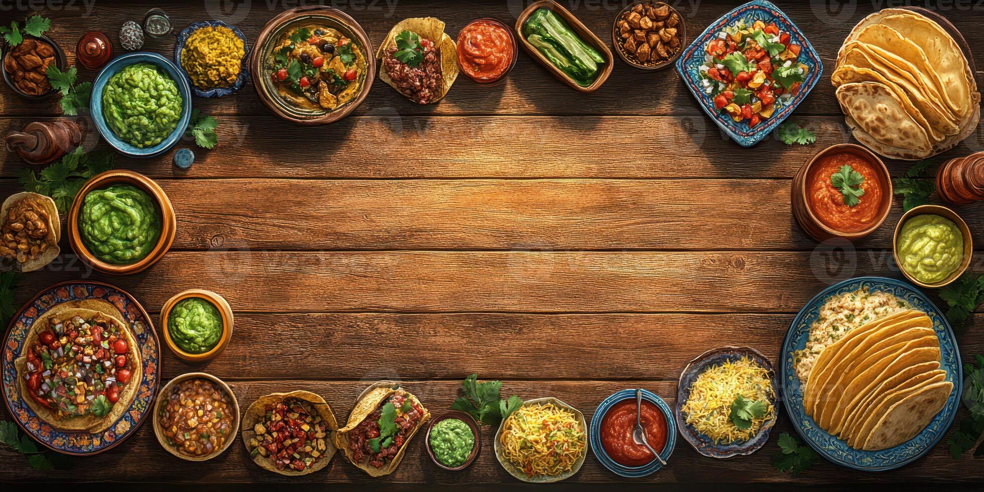 Colorful spread of traditional Mexican dishes arranged on a wooden table during a festive gathering in a cozy indoor setting photo