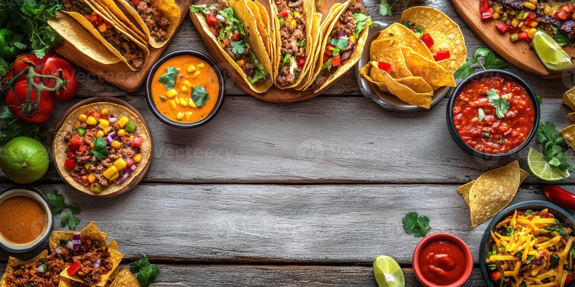 Delicious taco spread featuring various toppings and sides arranged on a rustic wooden table in a vibrant setting photo
