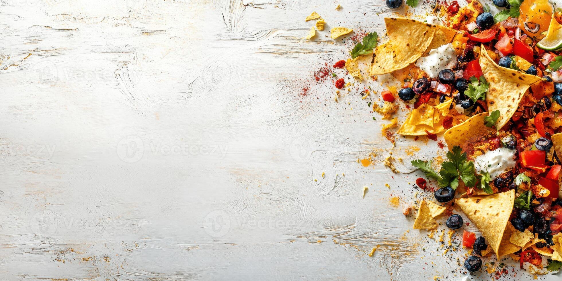 Colorful nacho platter with vibrant toppings on a rustic wooden table photo