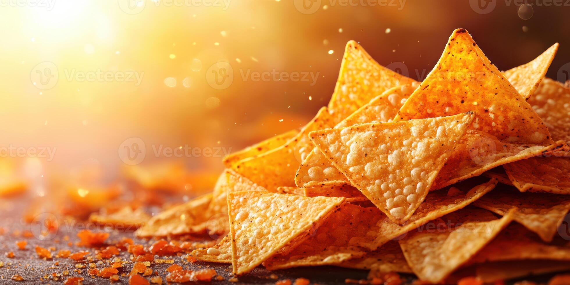 Crunchy tortilla chips piled high with a golden glow highlighting their texture during a festive gathering photo