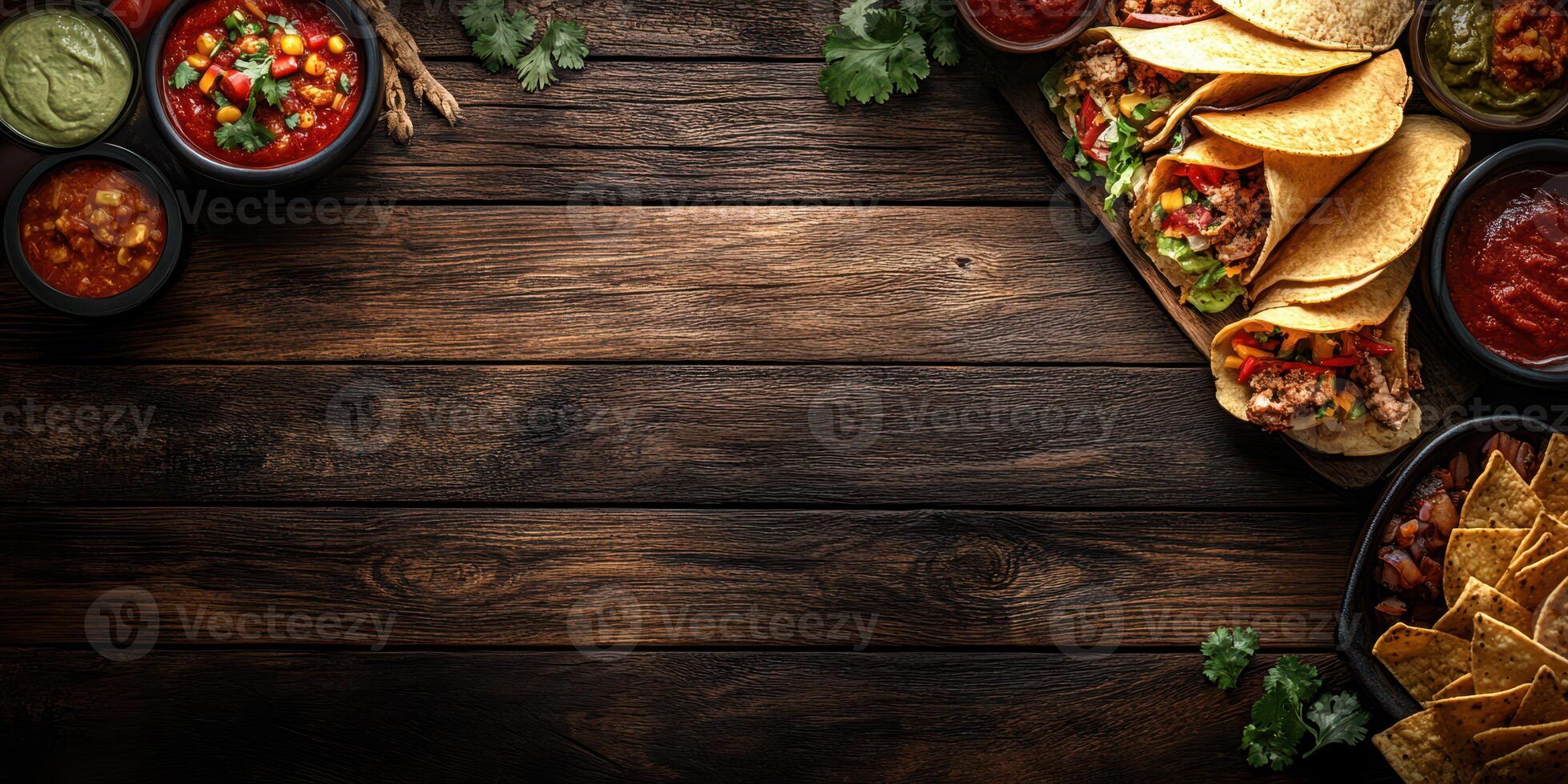 Delicious spread of tacos and dips on a rustic wooden table ready for a festive meal photo