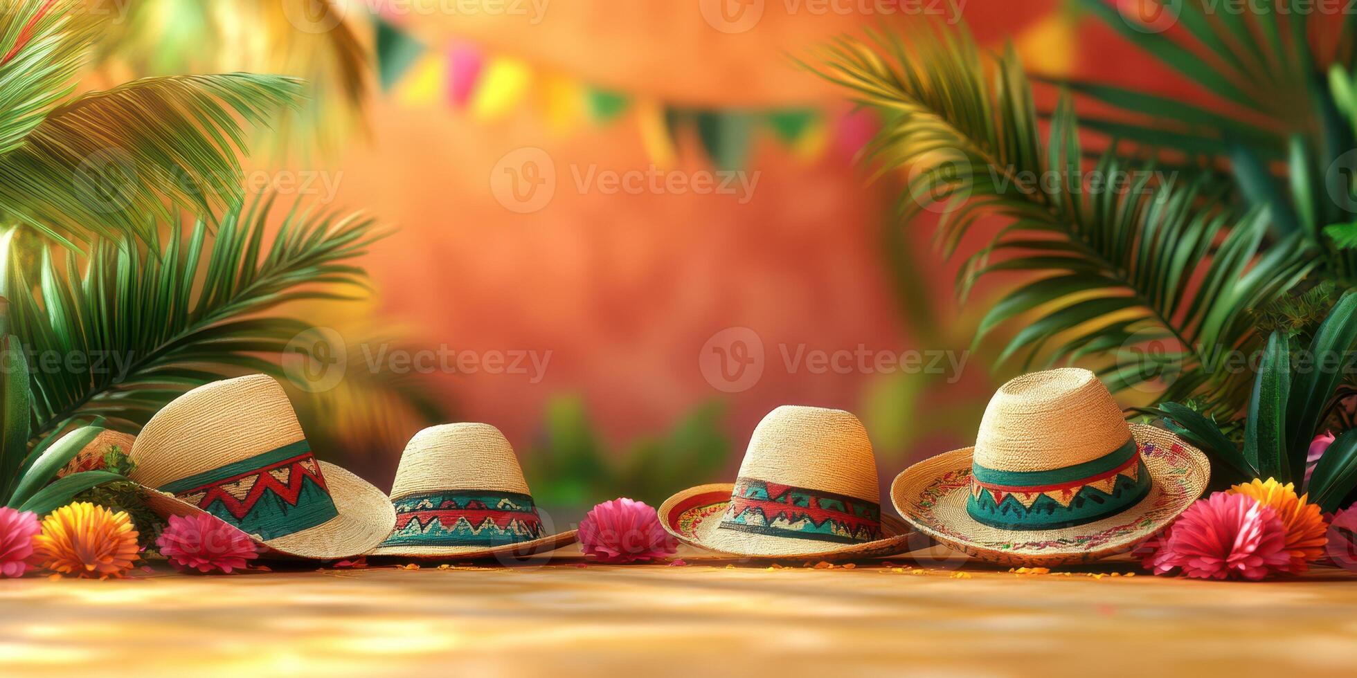 Colorful sombreros arranged on a festive table with vibrant decorations in a tropical setting photo