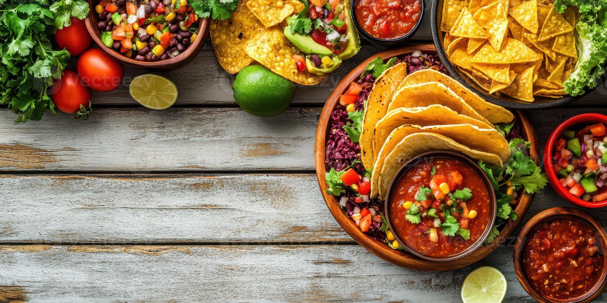Colorful spread of Mexican cuisine with tacos, salsa, and fresh ingredients arranged on a rustic wooden table photo
