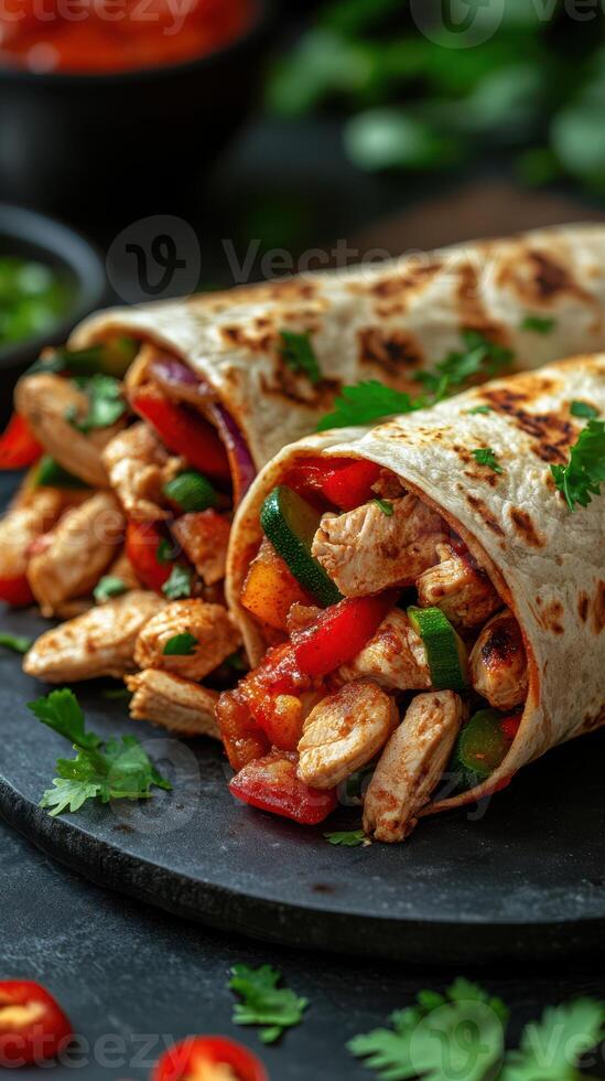 Delicious chicken and vegetable wraps served on a rustic black plate with fresh herbs and salsa on the side photo
