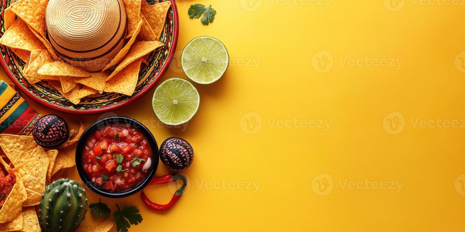 Colorful spread of tortilla chips, salsa, and fresh limes on a vibrant yellow background celebrating Mexican cuisine photo