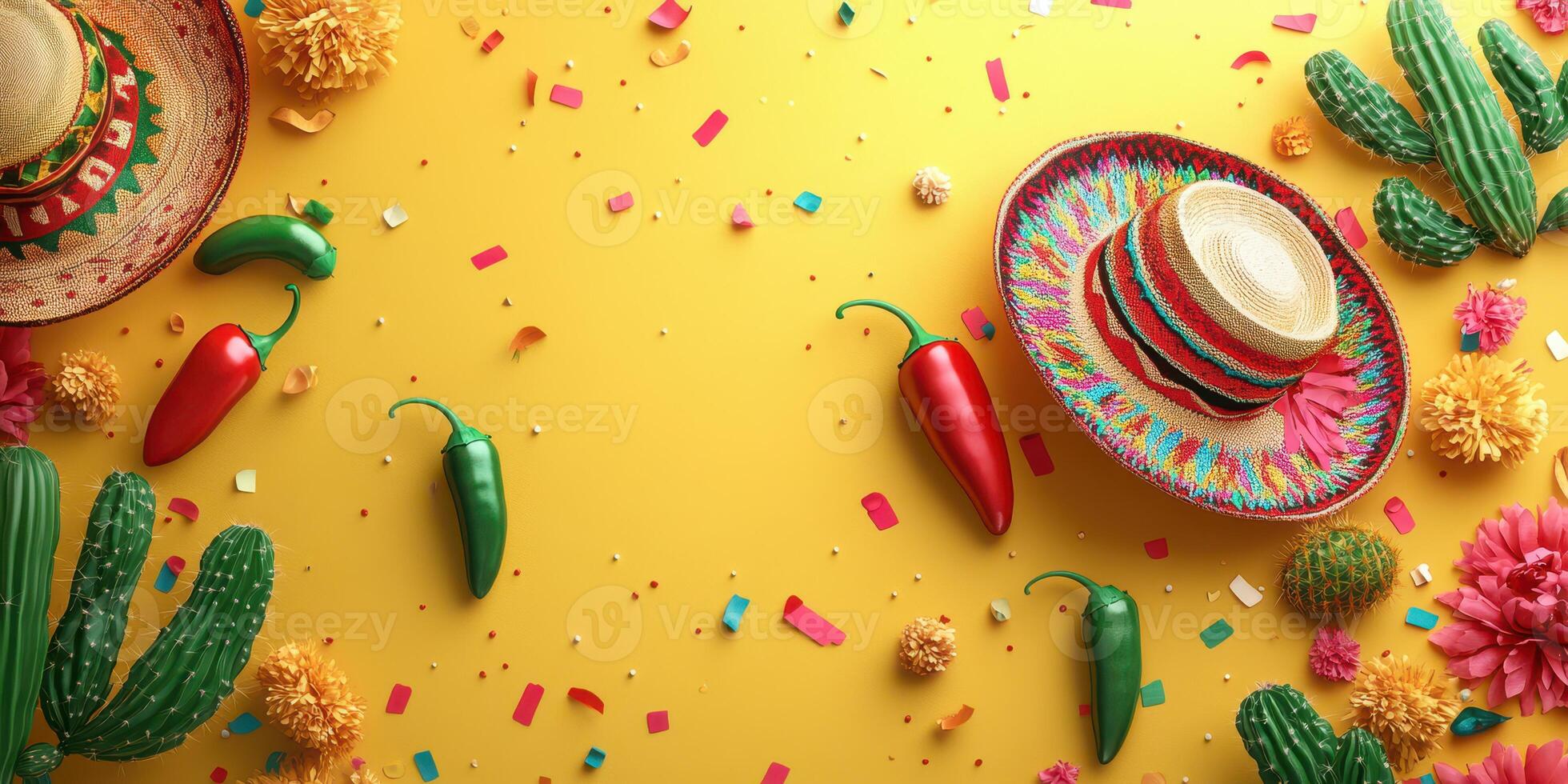 Vibrant fiesta decoration with sombrero, peppers, and cacti on bright yellow background photo