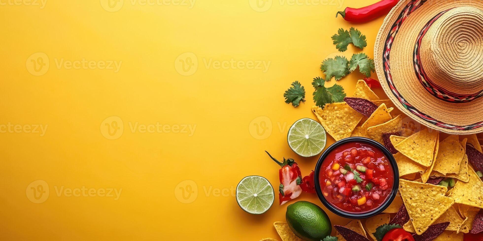 Colorful arrangement of nachos, salsa, and fresh ingredients for a festive gathering photo