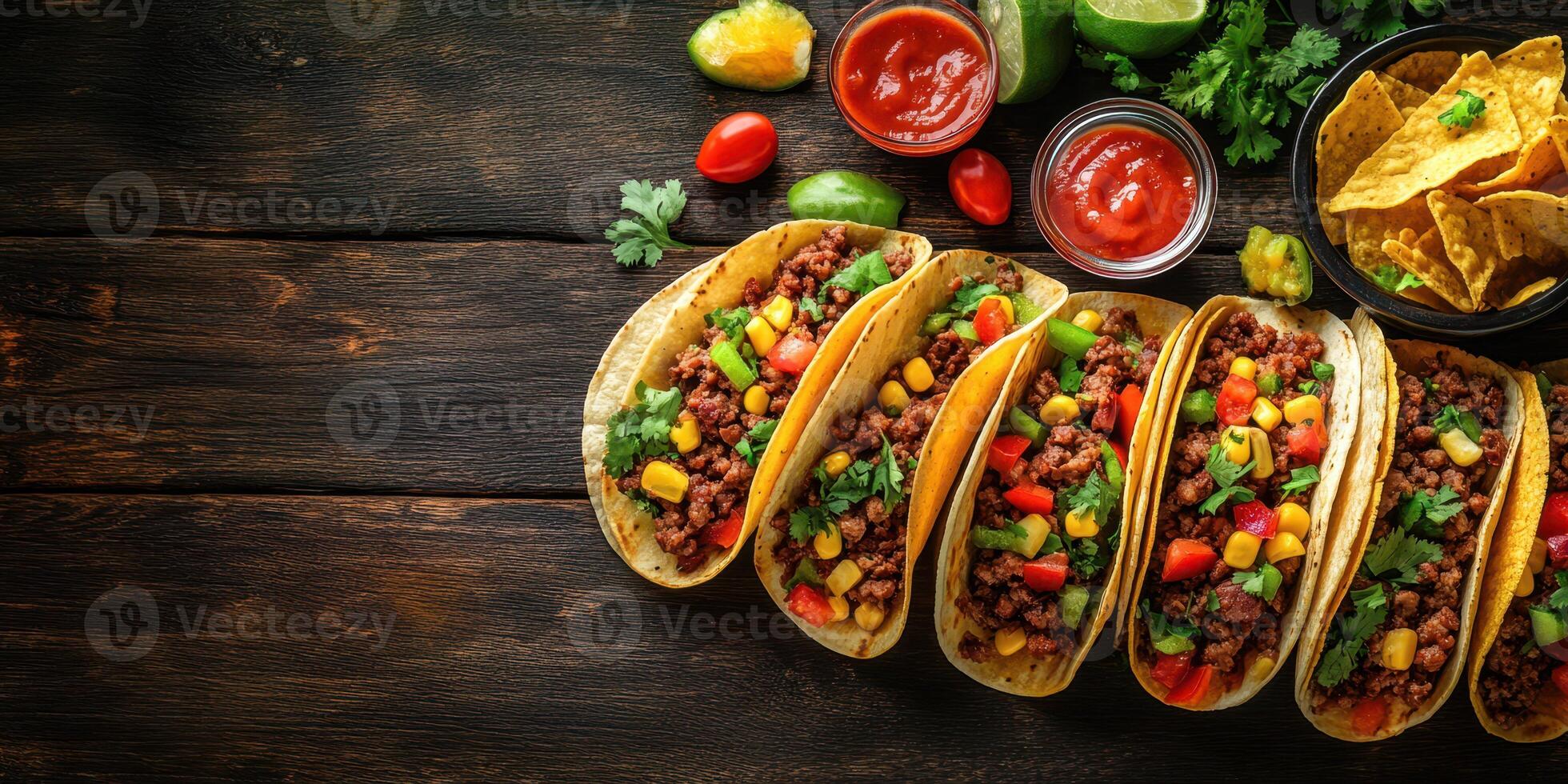Delicious spread of homemade tacos and chips on a wooden table with fresh ingredients and sauces photo