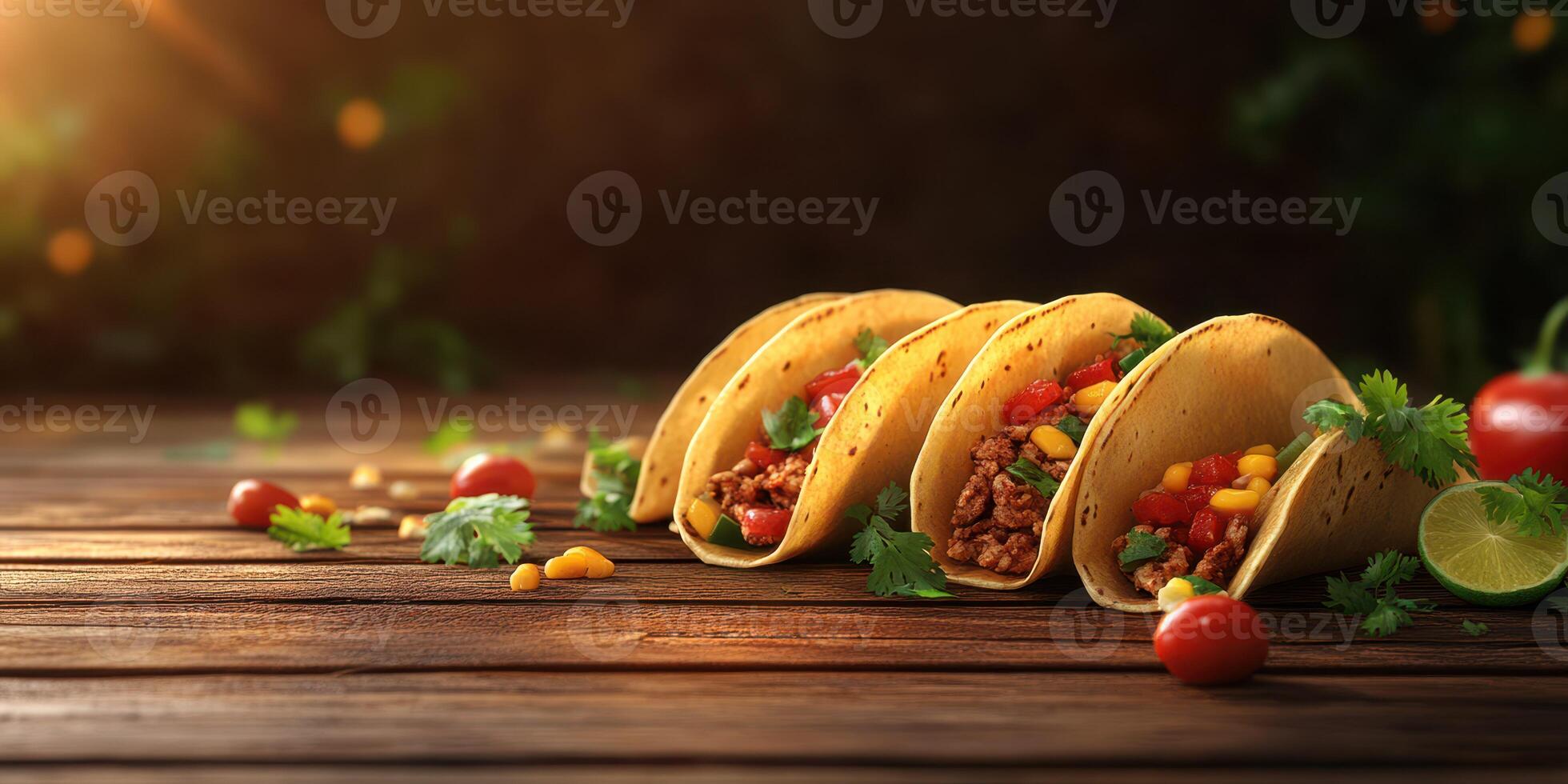 Colorful soft tacos filled with seasoned meat and fresh vegetables on a rustic wooden table in warm evening light photo