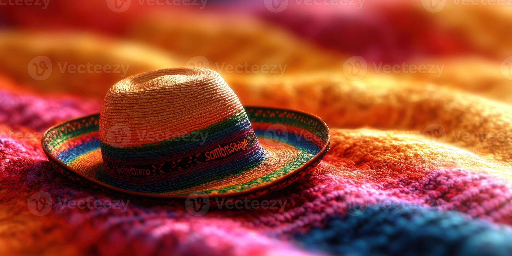 Colorful sombrero resting on vibrant woven blanket showcasing traditional Mexican craftsmanship photo