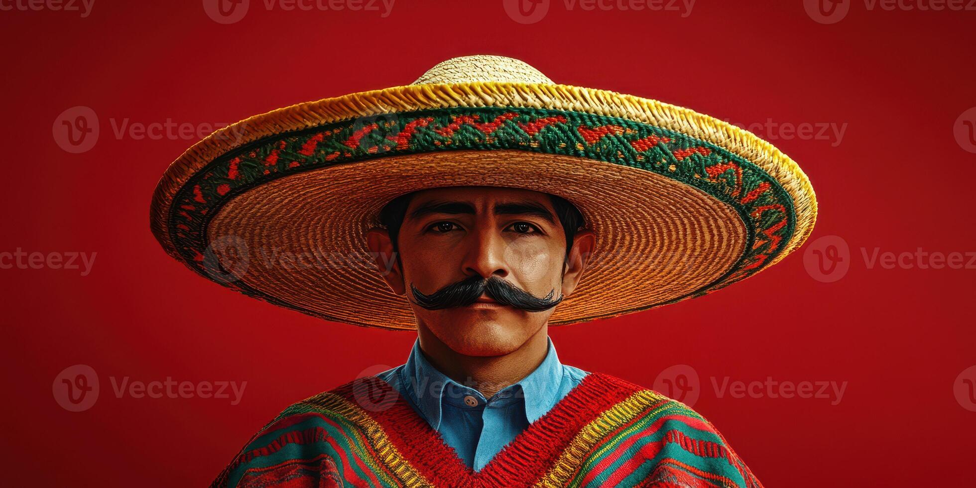 Traditional Mexican man wearing a sombrero poses against a vibrant red backdrop photo
