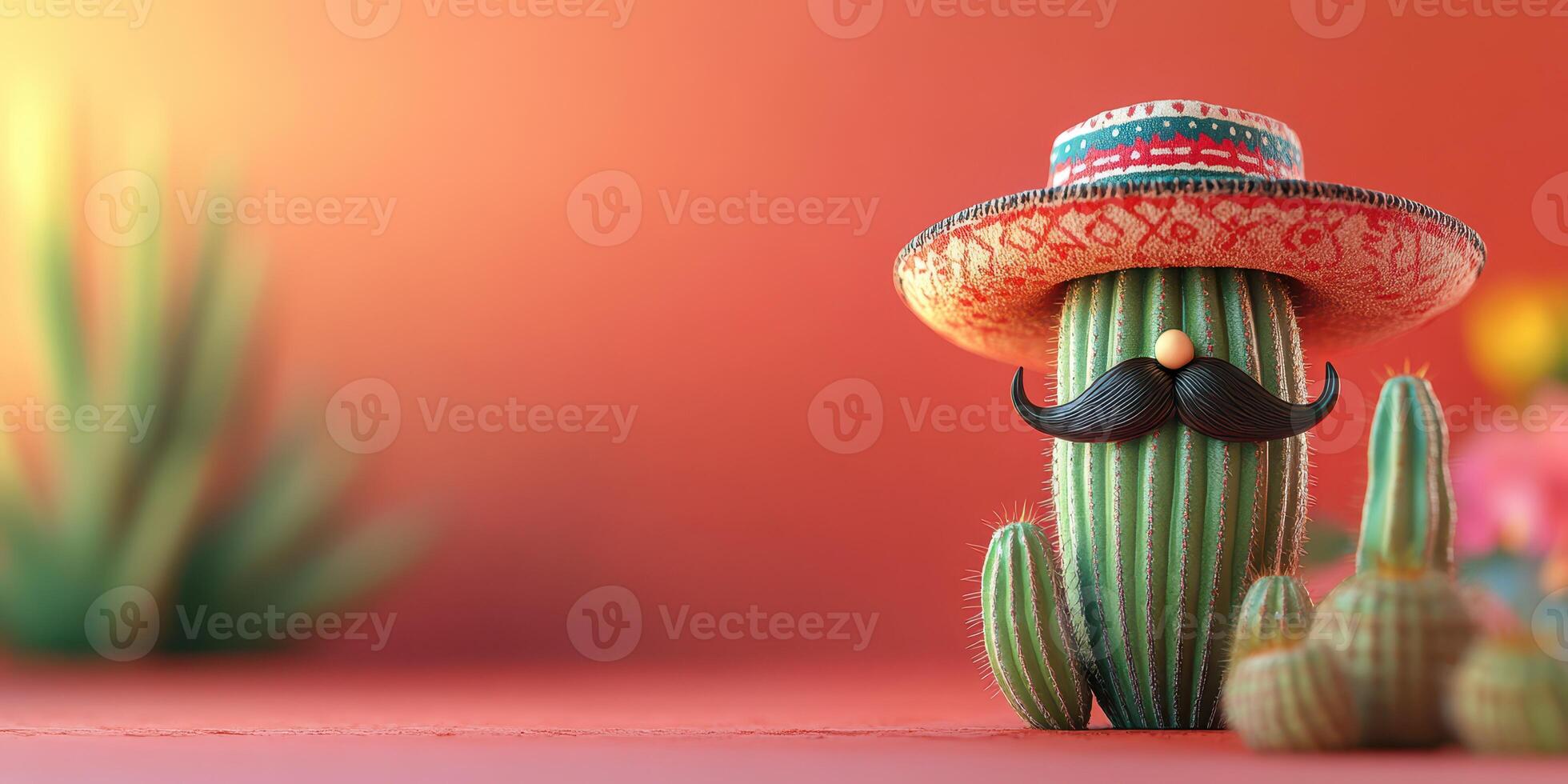 Cactus character with sombrero and mustache sits against a colorful background in a whimsical desert setting photo