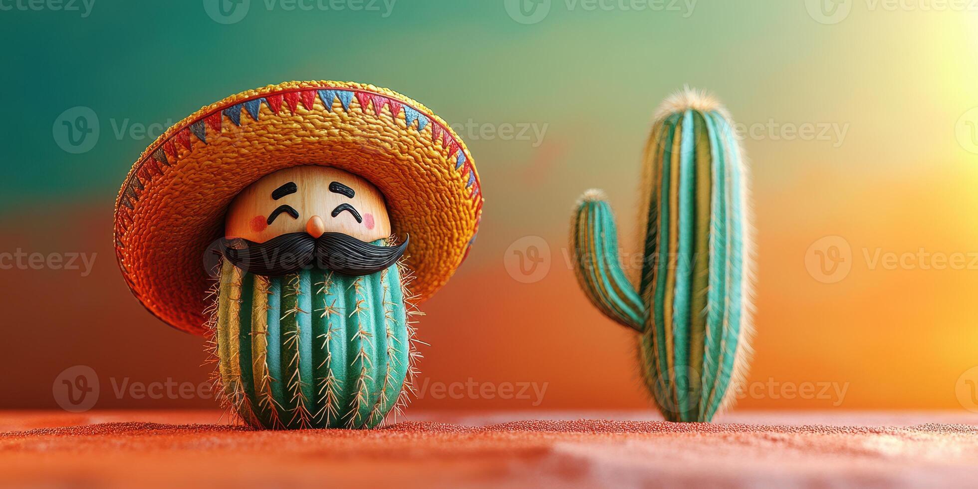 Colorful cactus with a sombrero and mustache near a tall cactus at sunset in a vibrant desert landscape photo