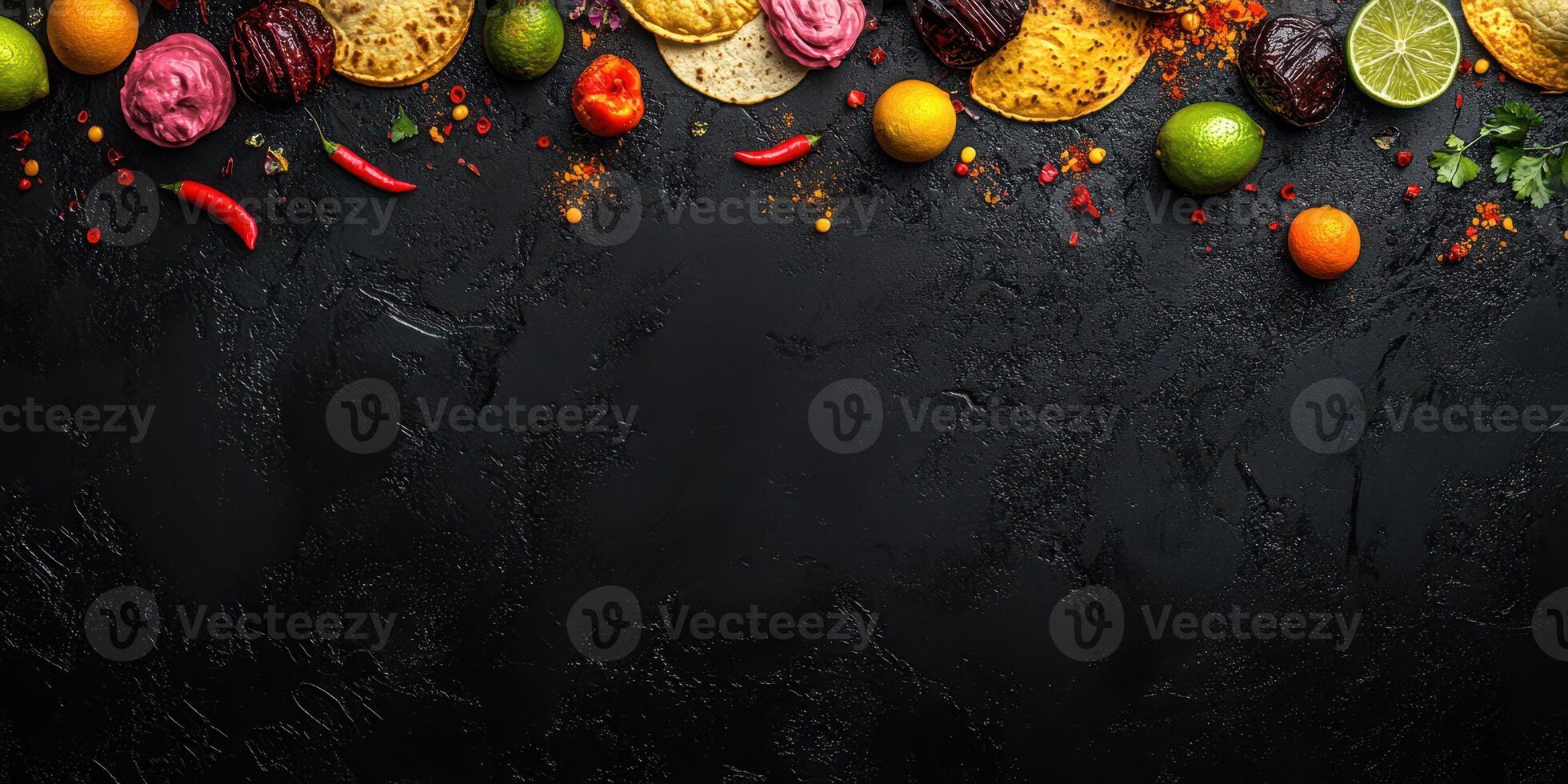 Tacos, colorful vegetables, and vibrant spices arranged on a dark surface create a festive atmosphere perfect for gathering photo