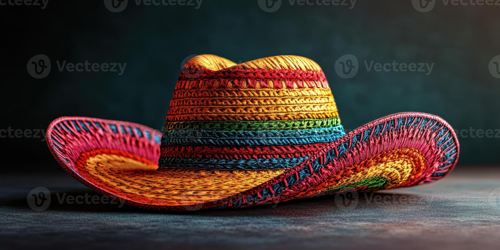 Colorful woven sombrero displayed against a dark background highlighting its intricate patterns and design photo