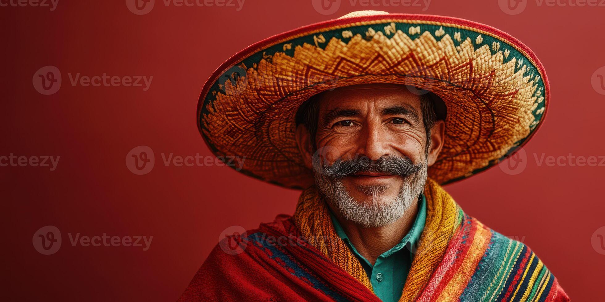 Smiling man in a colorful sombrero and traditional poncho against a red background photo