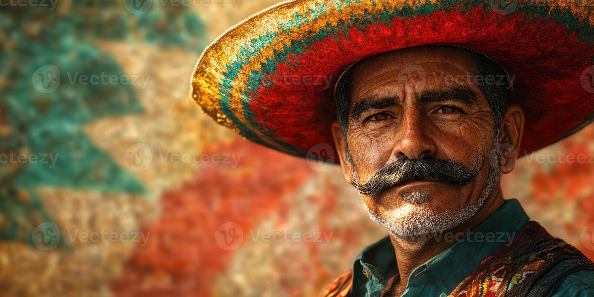 Portrait of a man wearing a traditional sombrero against a colorful backdrop in a vibrant cultural setting photo