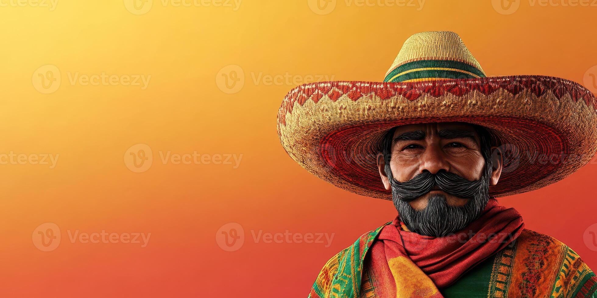 Colorful character wearing traditional sombrero represents festive culture during sunset in a warm-toned background photo