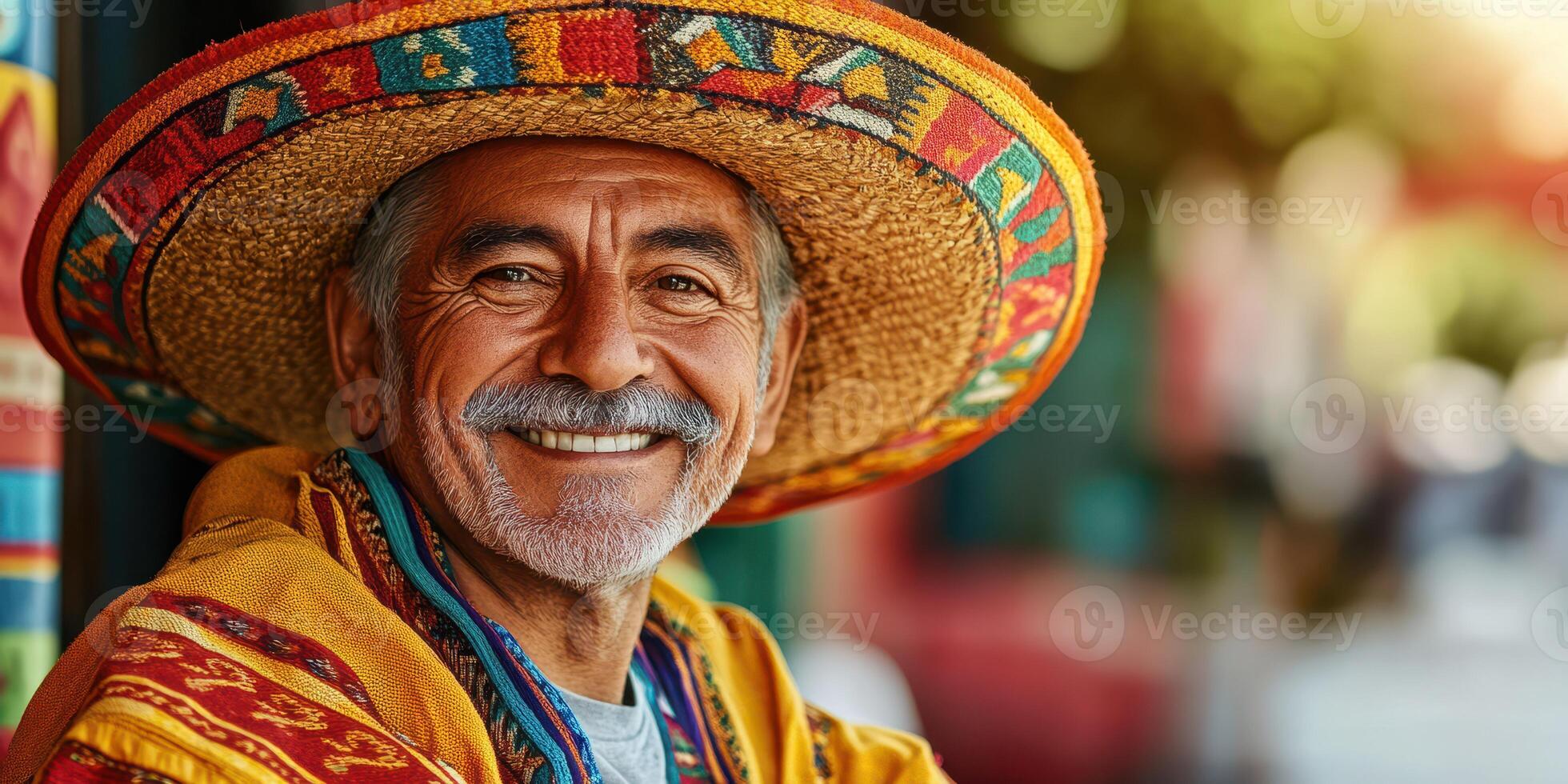 Smiling man in traditional attire and large sombrero in vibrant street setting during daylight photo