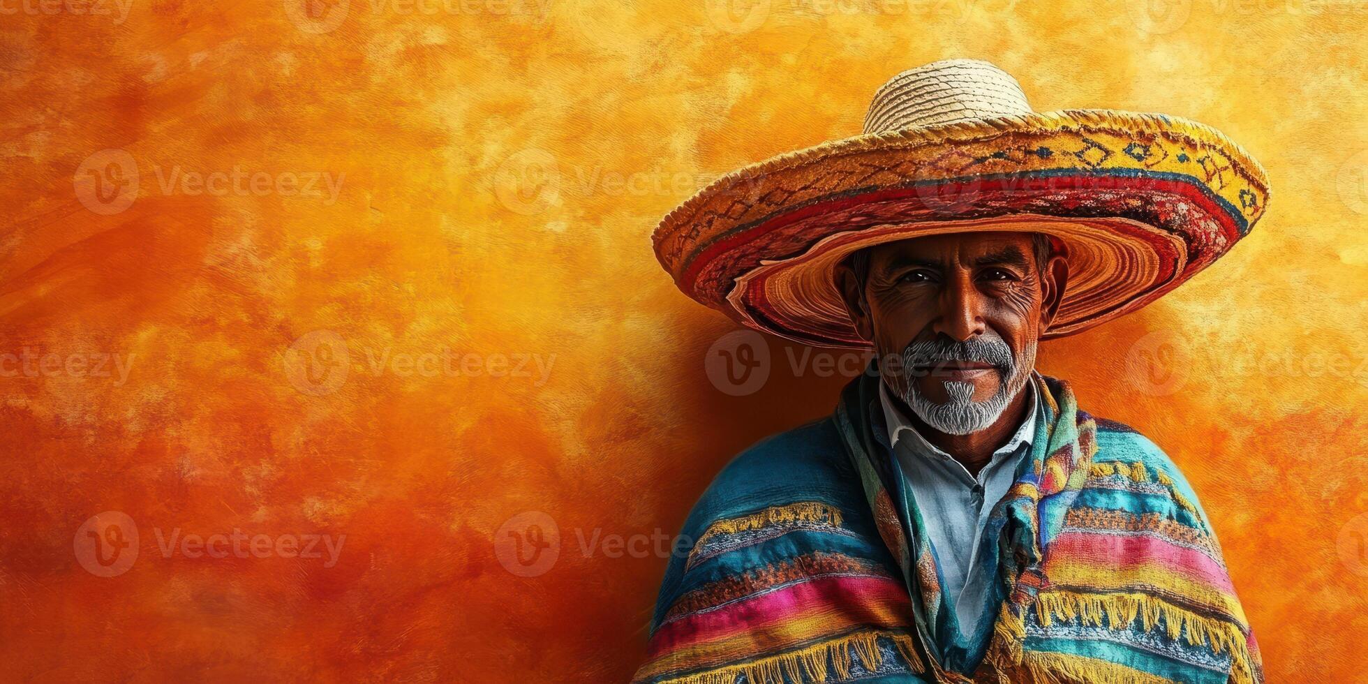 Elderly man wearing traditional attire and sombrero poses against a vibrant orange backdrop in a cultural celebration photo