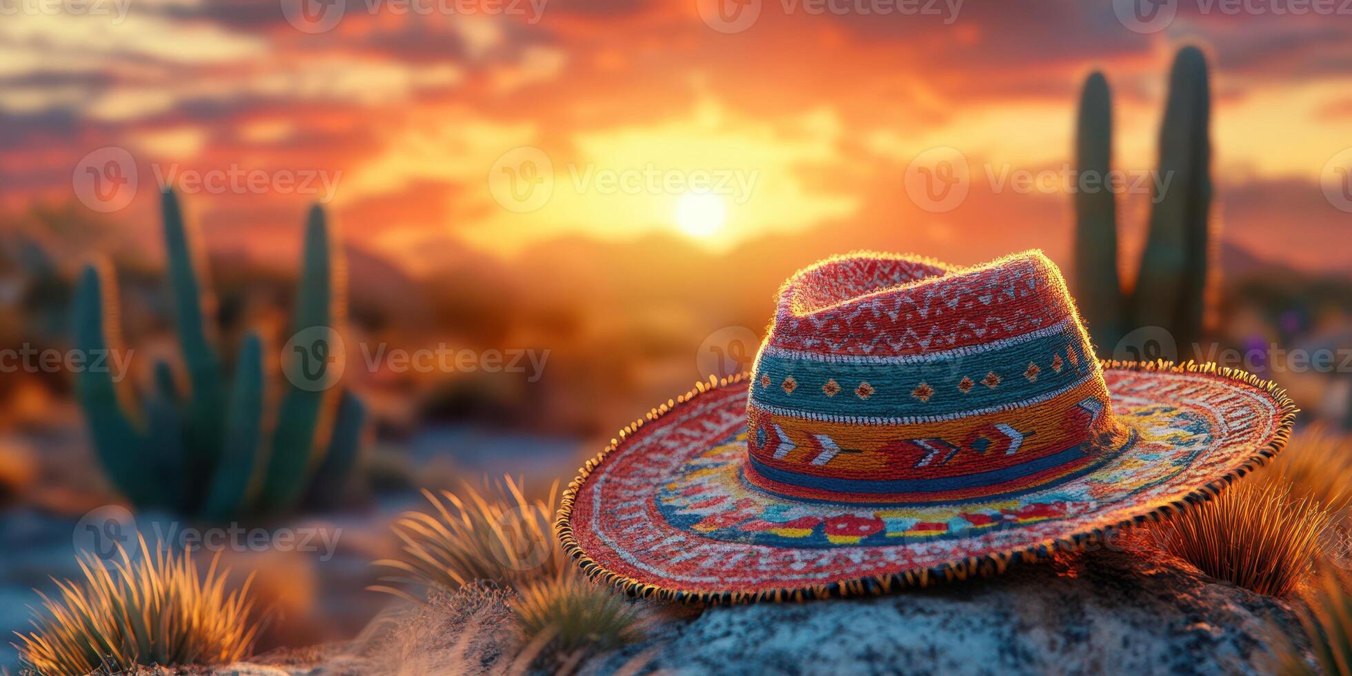 Vibrant sombrero resting on a cactus-studded landscape during sunset in the desert photo