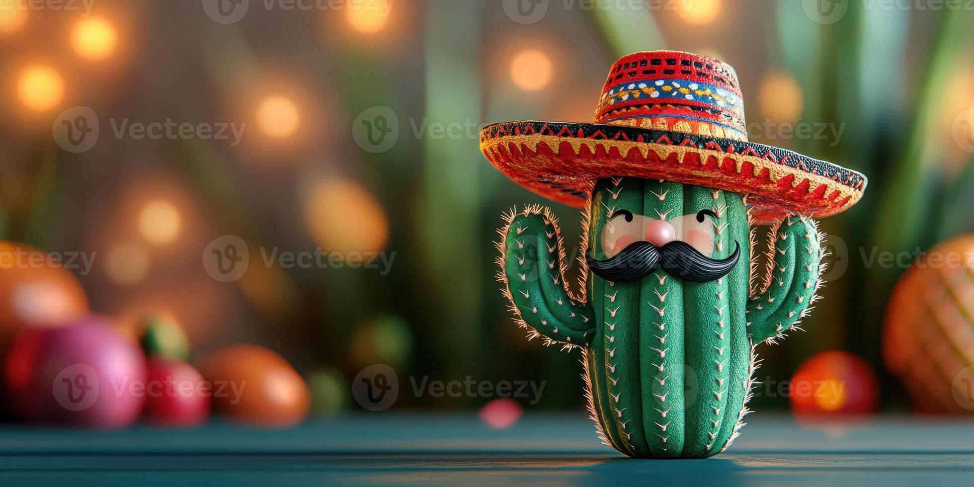 Colorful cactus wearing a sombrero and mustache celebrates a festive atmosphere with lights and decorations photo