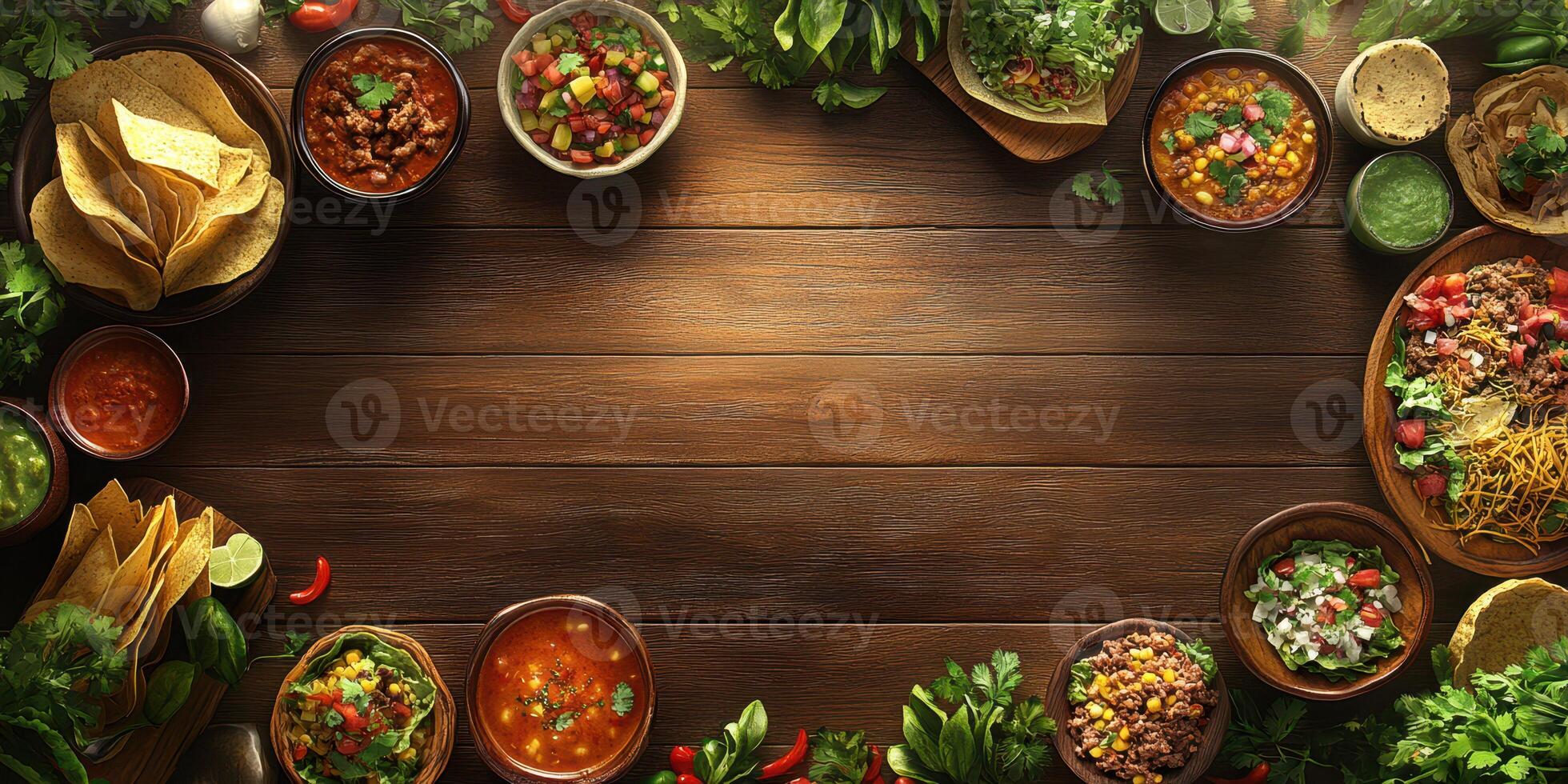Colorful array of traditional dishes and ingredients arranged on a wooden table for a festive gathering photo