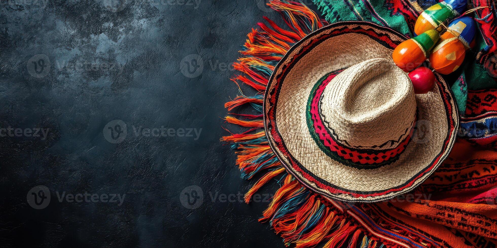 Colorful sombrero and maracas displayed on a vibrant traditional blanket ready for a festive celebration photo