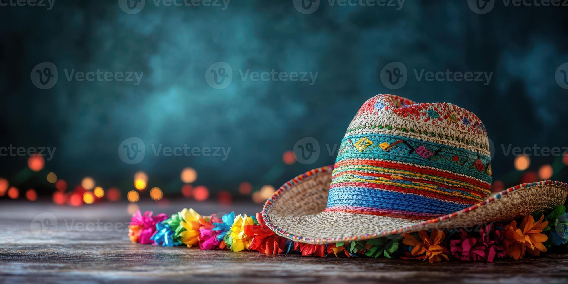 Brightly colored straw hat with floral garland on wooden surface and soft bokeh lights in background photo
