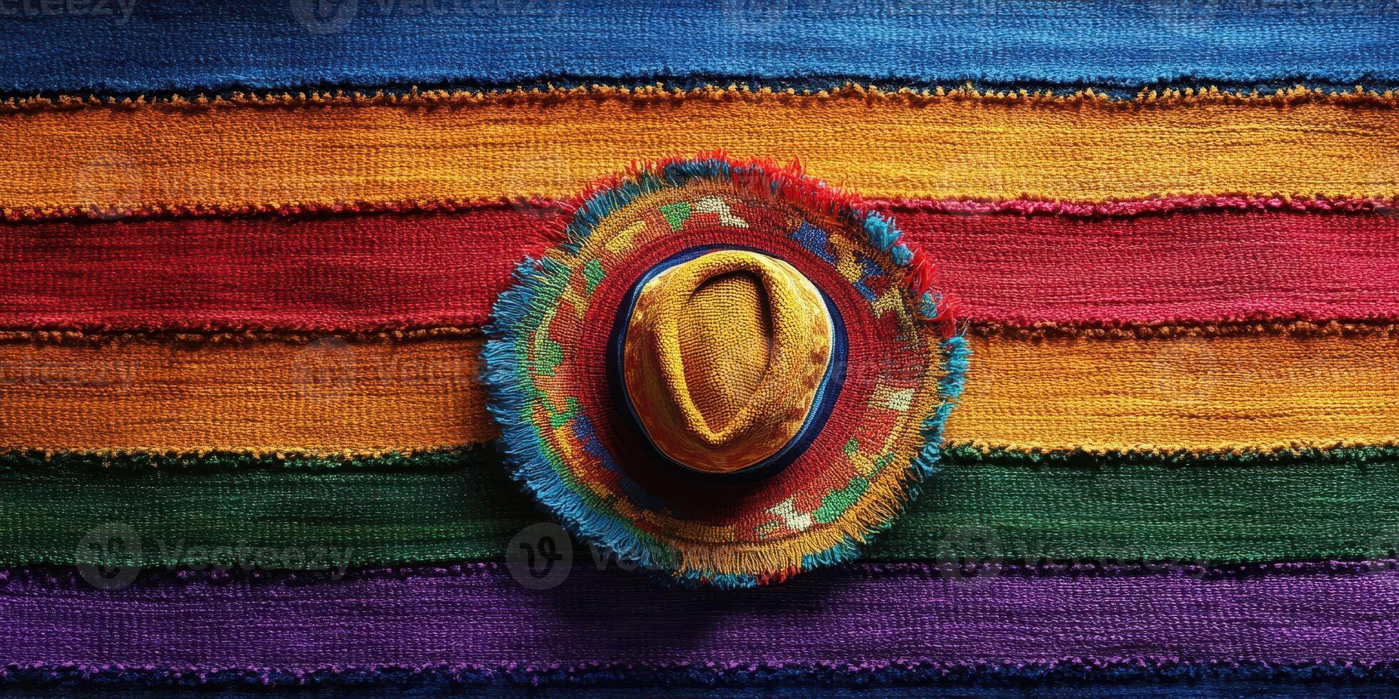 Colorful sombrero resting on vibrant woven textile creates a festive atmosphere suitable for celebrations photo
