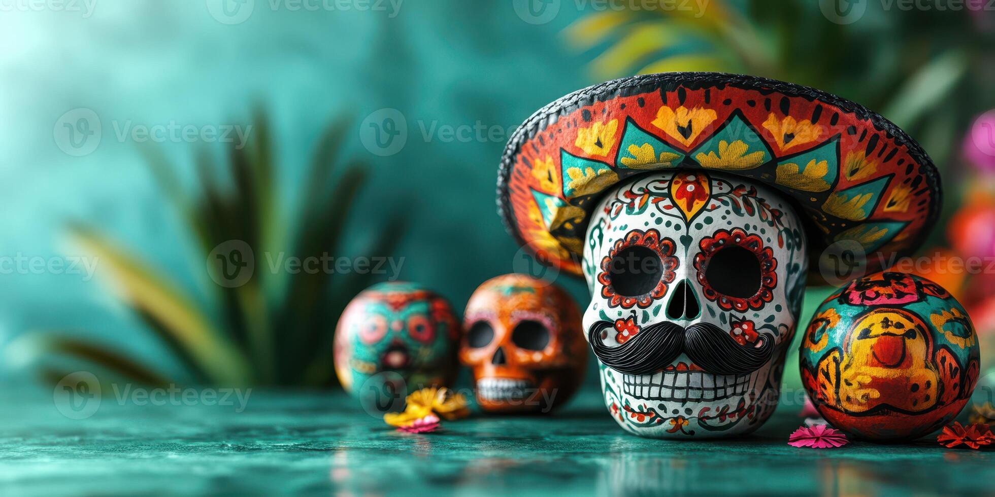 Colorful sugar skulls and decorations celebrate the Day of the Dead in a vibrant, tropical setting photo